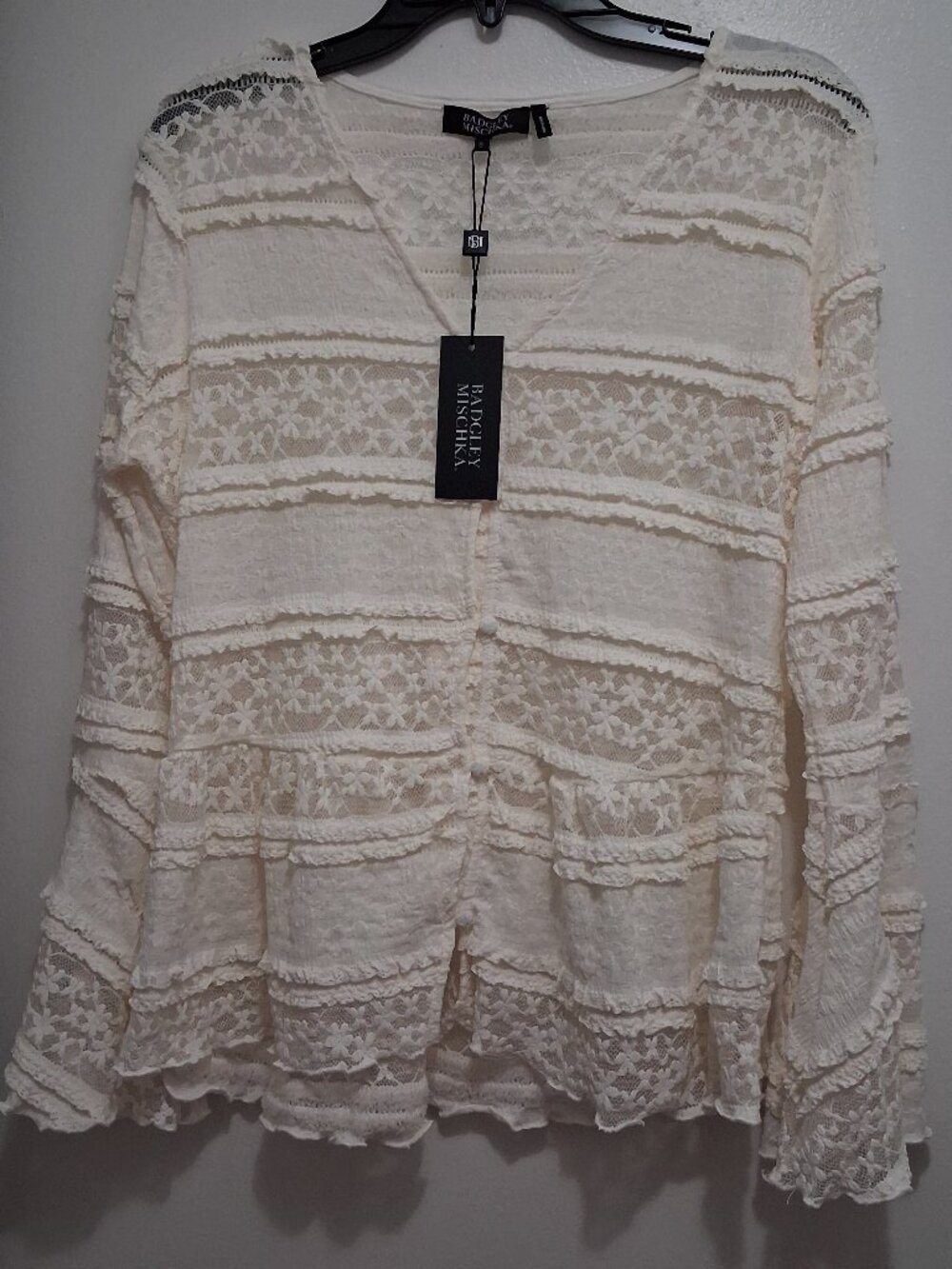 NWT Badgley Mischka White Lace Long Sleeve Tiered Blouse - S